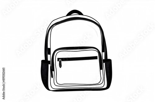 Detailed, black and white illustration of a spacious backpack with multiple compartments and pockets photo