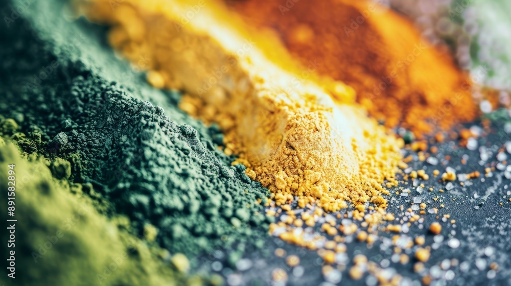 Close-up of a Colorful Array of Spices and Powders, Vibrant and Aromatic, Representing a Variety of Culinary Flavors and Textures Close-up of a Colorful Array of Spices and Powders, Vibrant and Aromatic, Representing a Variety of Culinary Flavors and Textures