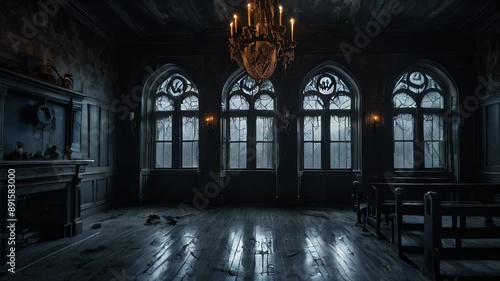 A dark, eerie ballroom with gothic arched windows, a grand chandelier, and cobwebs. The abandoned room exudes a haunting atmosphere.