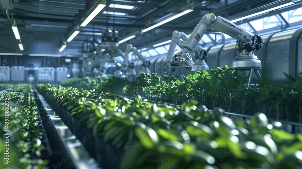 An AI-driven agriculture system with robotic arms tending to plants in a high-tech greenhouse, illustrating the future of farming with precision technology, automation, and sustainable practices. An AI-driven agriculture system with robotic arms tending to plants in a high-tech greenhouse, illustrating the future of farming with precision technology, automation, and sustainable practices.