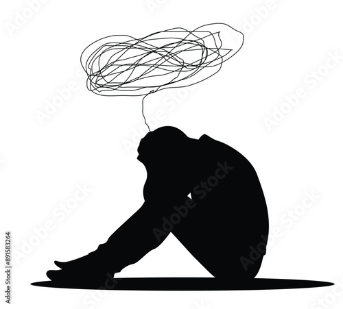Depressed and Confused Man Sitting Silhouette. Overworking overthinking and mental disorders concept vector