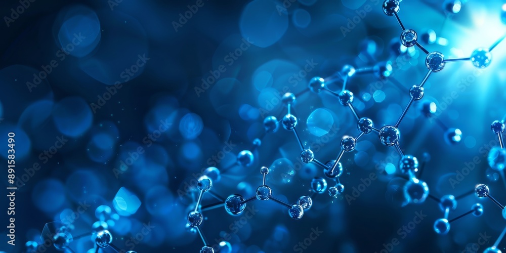 Elaborate depiction of molecular chains glowing in blue, revealing the chemical bonds and connectivity Elaborate depiction of molecular chains glowing in blue, revealing the chemical bonds and connectivity