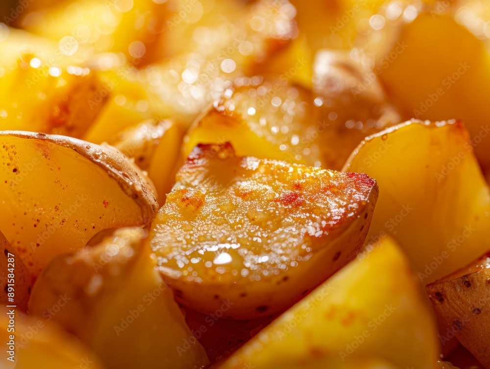 Close-up of Golden Roasted Potato Wedges with Crispy Edges and Shiny Glaze Close-up of Golden Roasted Potato Wedges with Crispy Edges and Shiny Glaze