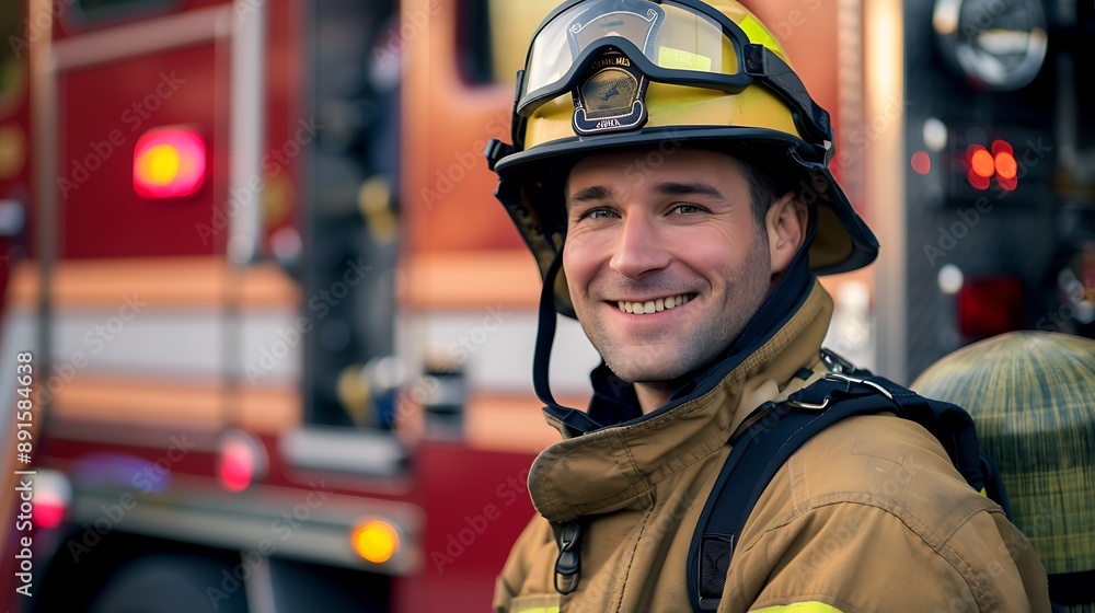 Courageous firefighter wearing a complete firefighting suit poses proudly in front of a fire truck and emergency equipment reflecting commitment to fire safety and rescue work Courageous firefighter wearing a complete firefighting suit poses proudly in front of a fire truck and emergency equipment reflecting commitment to fire safety and rescue work