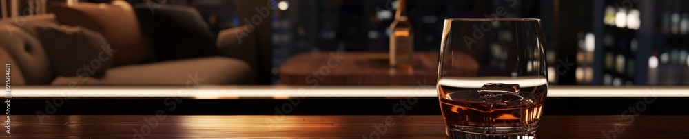 Glass of whiskey with ice on a wooden table. Glass of whiskey with ice on a wooden table.