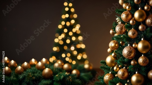 A Christmas tree decorated with golden ornaments and twinkling lights © Andrey