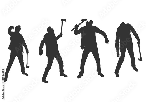 Headless Walking Dead Zombies with an Axe Silhouette Set. Halloween characters and design elements