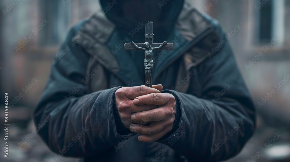 A man holding a cross in his hands, the cross symbolizing the crucifixion of Jesus Christ, praying to the Lord, who is his only hope for salvation from his troubles. Bible and Christianity. A man holding a cross in his hands, the cross symbolizing the crucifixion of Jesus Christ, praying to the Lord, who is his only hope for salvation from his troubles. Bible and Christianity.