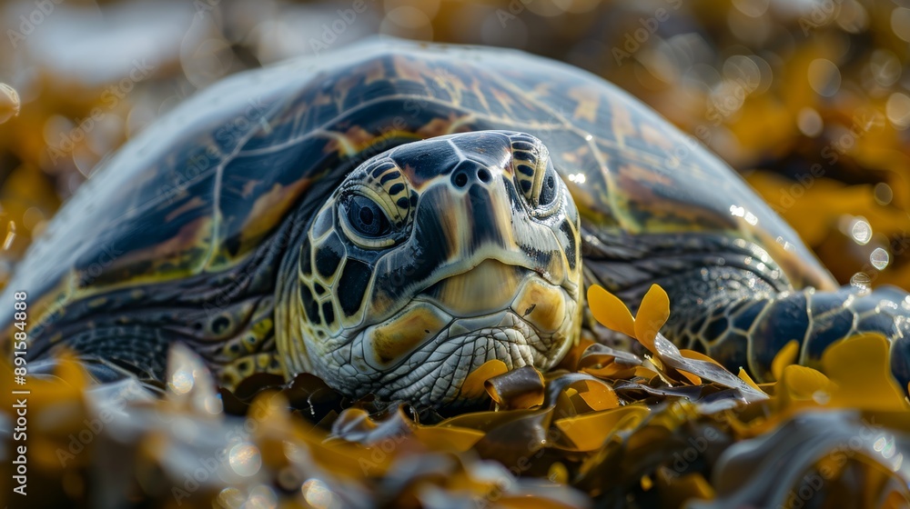 Closeup of a Green Sea Turtle Resting on a Bed of Seaweed in Shallow Water Closeup of a Green Sea Turtle Resting on a Bed of Seaweed in Shallow Water