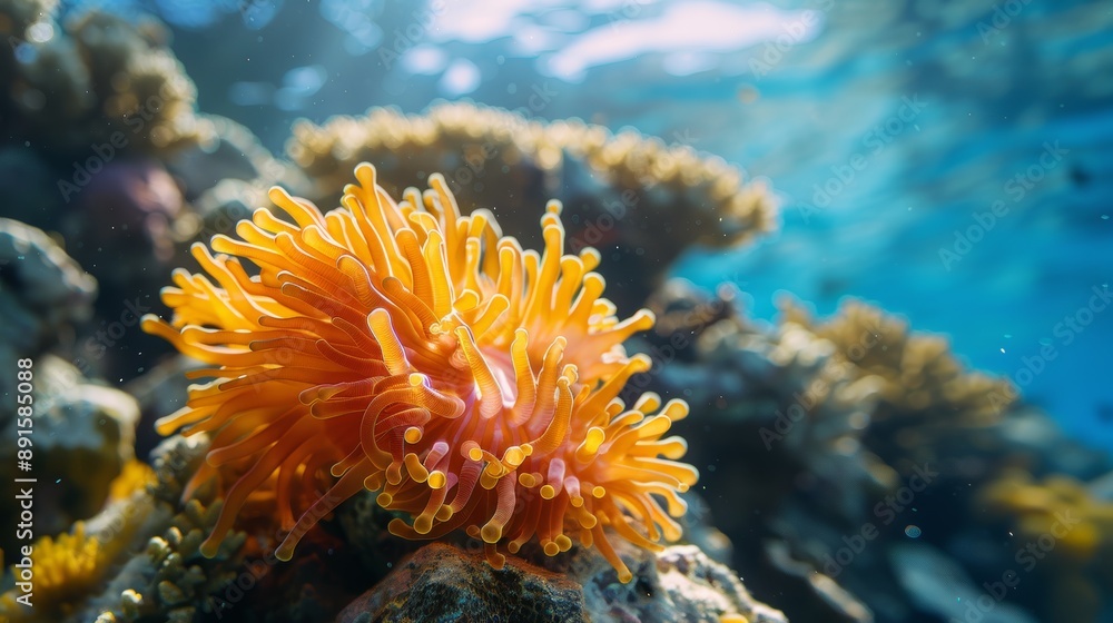 Closeup of an Orange Sea Anemone on a Coral Reef with a Blurry Blue Water Background Closeup of an Orange Sea Anemone on a Coral Reef with a Blurry Blue Water Background