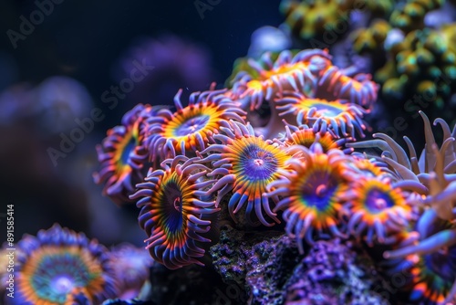 Colorful and Vibrant Sea Anemones in a Close-Up Shot, Exhibiting Their Intricate Patterns and Textures