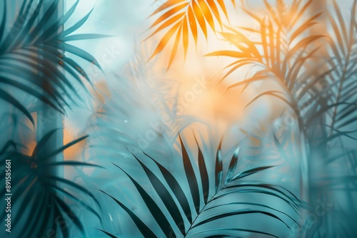 Wallpaper Mural Abstract view of tropical palm leaves with blue and orange lighting. Torontodigital.ca