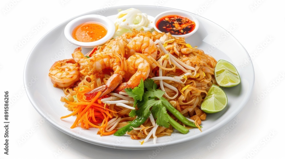 Pad Thai. Shrimp pad thai on a plate, white background. Pad Thai. Shrimp pad thai on a plate, white background.