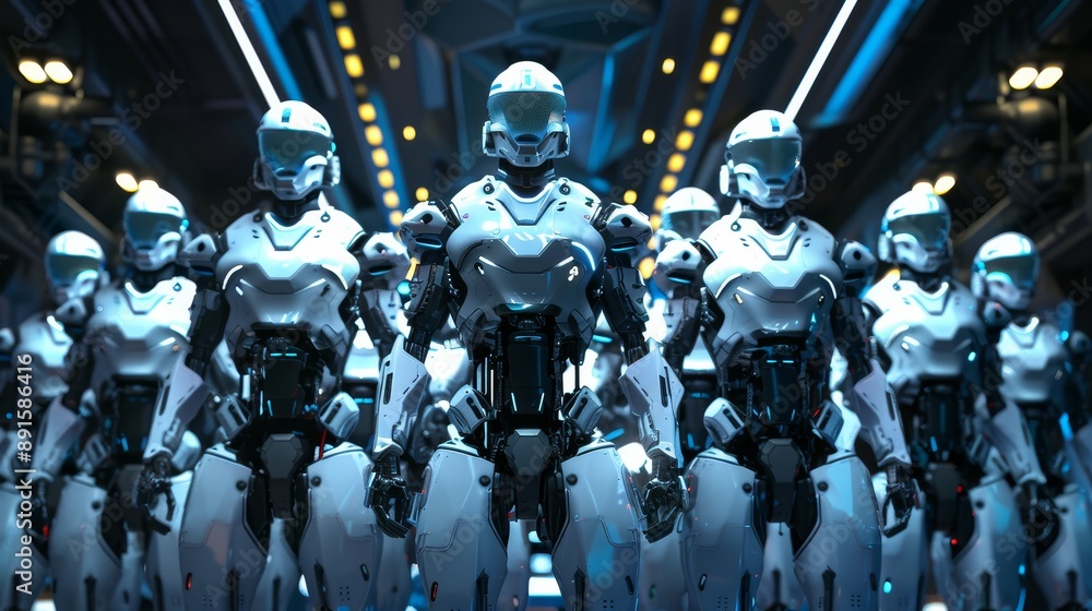 Row of futuristic robots with glowing red eyes in a high-tech facility Row of futuristic robots with glowing red eyes in a high-tech facility