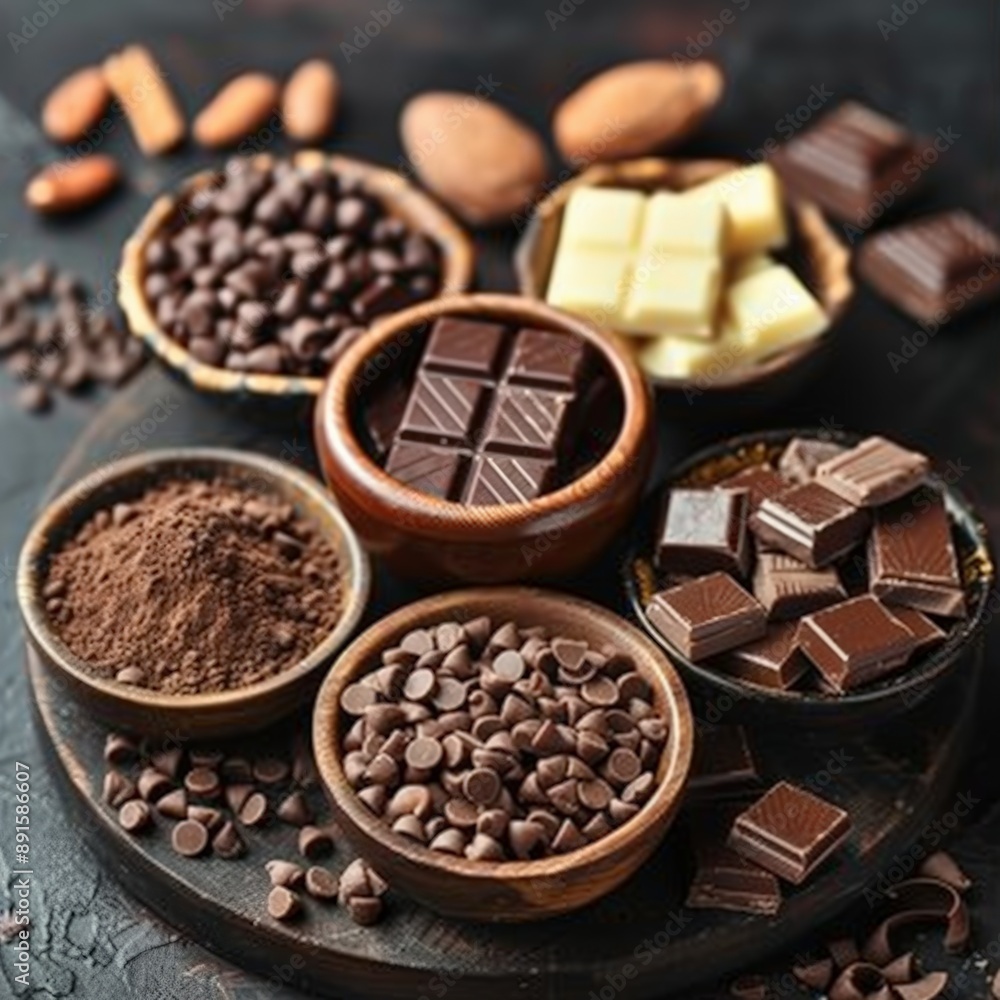 Assorted chocolates with dark, milk, and white chocolate pieces, nuts, and truffles. Assorted chocolates with dark, milk, and white chocolate pieces, nuts, and truffles.