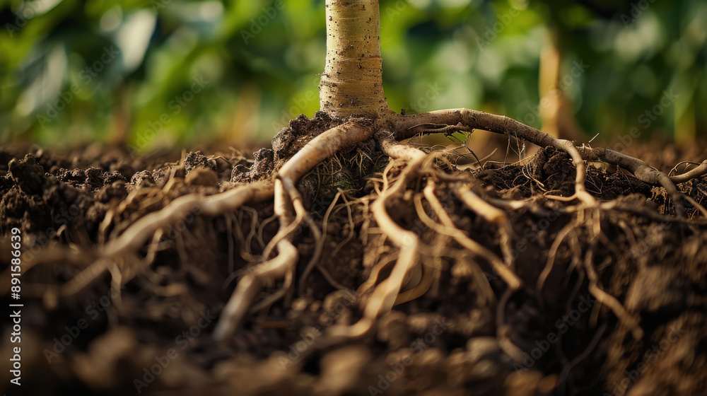 A close-up photograph of intertwined roots, thick and sinewy, emerging from rich A close-up photograph of intertwined roots, thick and sinewy, emerging from rich
