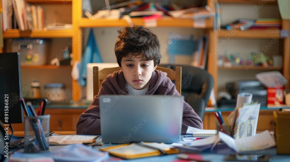 Young Boy Engaged in Virtual Math Contest, Concentrated Amid Desk Clutter with Laptop, Notebooks, and Pens Young Boy Engaged in Virtual Math Contest, Concentrated Amid Desk Clutter with Laptop, Notebooks, and Pens