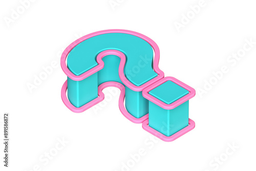 Question mark icon in teal and pink from top view. Isometric viewpoint 3D rendering display font suitable for poster, web, advertising and modern design projects.