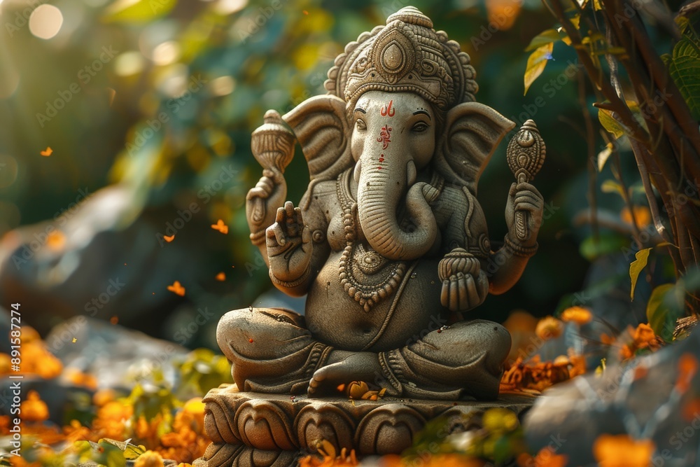 Stone statue of Ganesha surrounded by vibrant flowers in a garden. Stone statue of Ganesha surrounded by vibrant flowers in a garden.