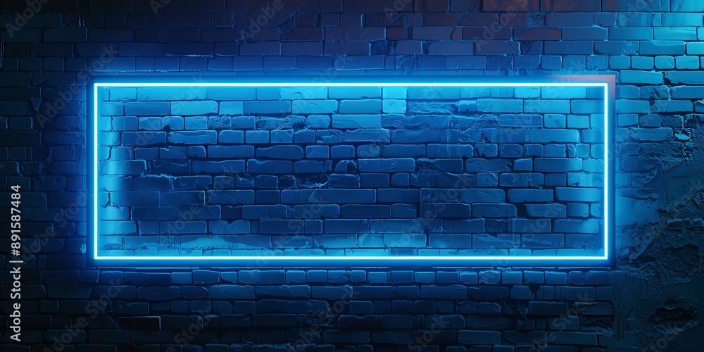 Atmospheric Blue Neon Light on Textured Brick Wall at Night Atmospheric Blue Neon Light on Textured Brick Wall at Night
