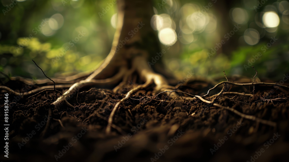 Fototapeta premium A close-up photograph of intertwined roots, thick and sinewy, emerging from rich