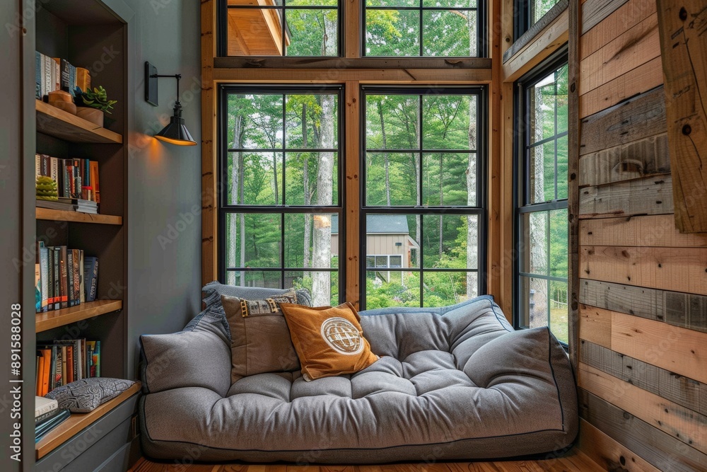 Fototapeta premium Sunlit reading nook with a large window, cushioned seating, and bookshelves, creating a tranquil space for relaxation and reading.