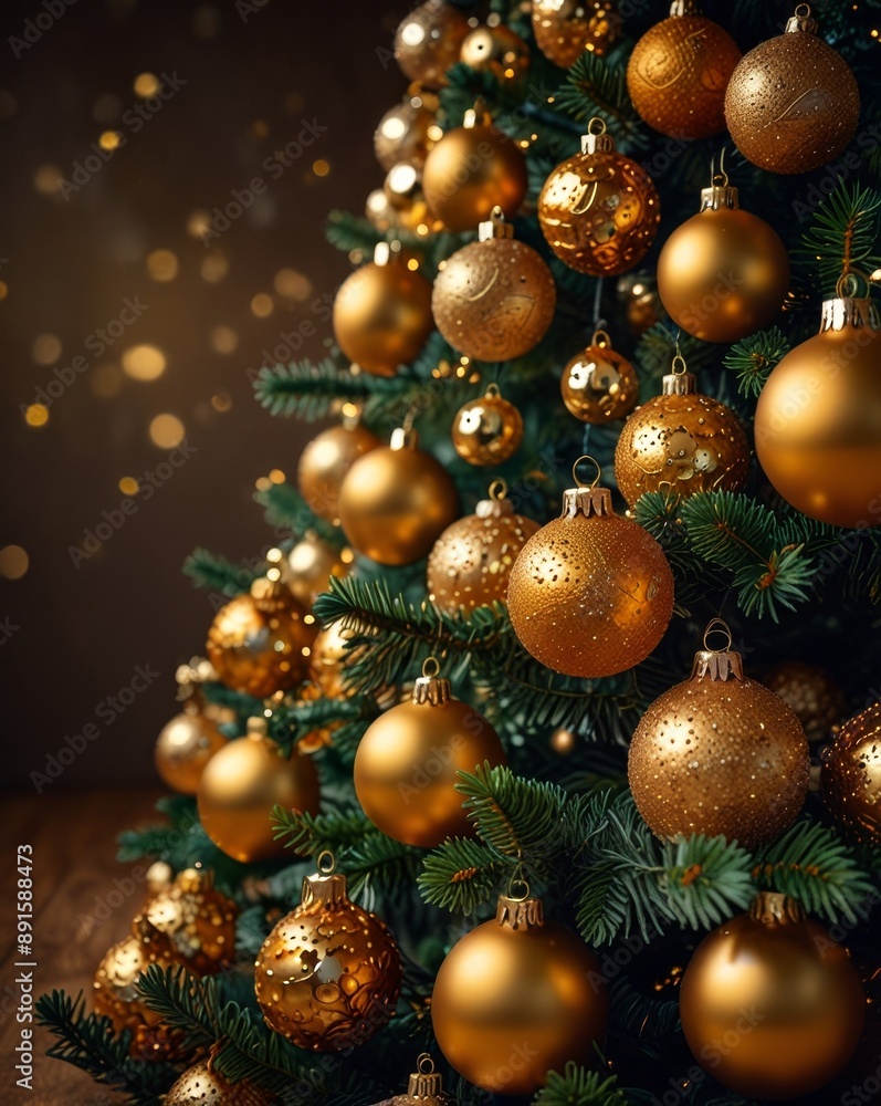 A Christmas tree decorated with golden ornaments and twinkling lights A Christmas tree decorated with golden ornaments and twinkling lights