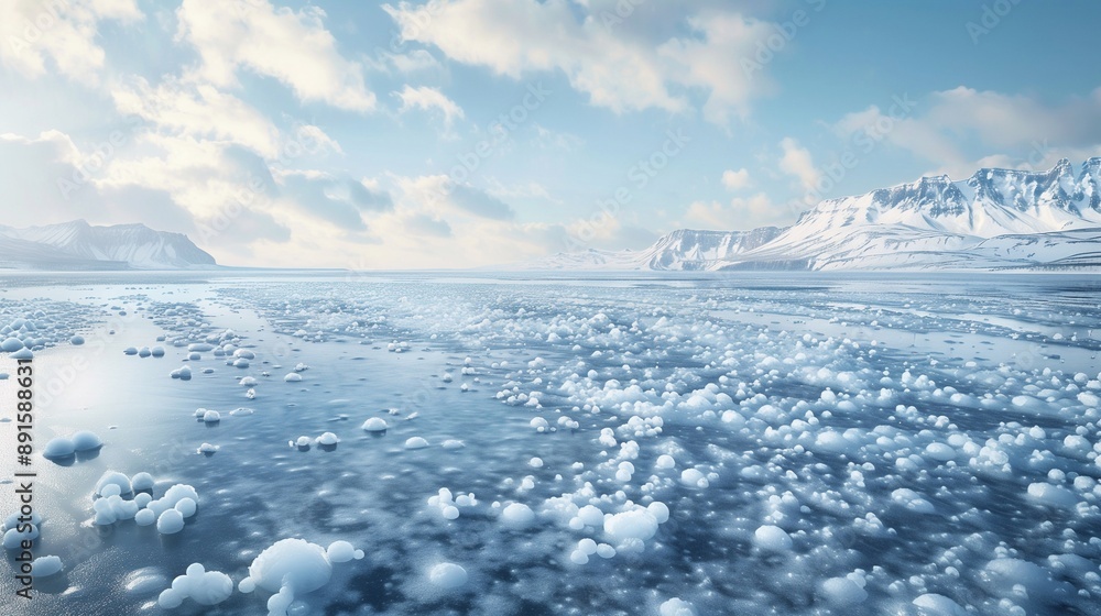 Fototapeta premium A vast frozen lake is covered in ice balls of various sizes, The sky is blue with a few white clouds, Snow-capped mountains can be seen in the distance, The sunlight glints off the ice formations.
