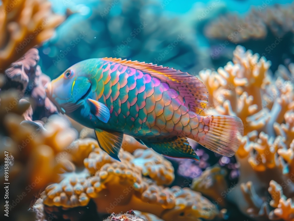 Vibrant Parrotfish Swimming Amongst Coral Reefs in Tropical Waters Vibrant Parrotfish Swimming Amongst Coral Reefs in Tropical Waters