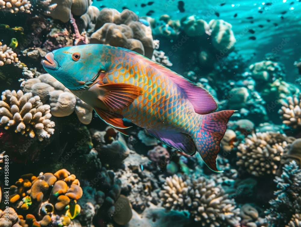 Vibrant Parrotfish Swimming Through a Coral Reef in Tropical Waters