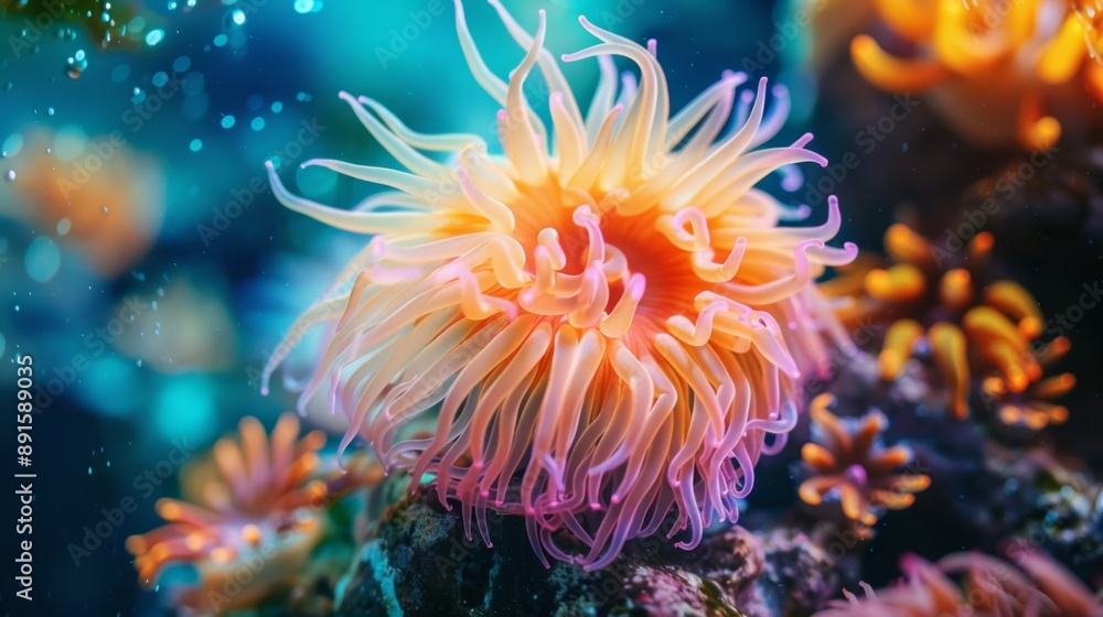 Vibrant Sea Anemone with Delicate Tentacles and Soft Pink Hues Against a Blue Background, Captivating Underwater Scene Vibrant Sea Anemone with Delicate Tentacles and Soft Pink Hues Against a Blue Background, Captivating Underwater Scene
