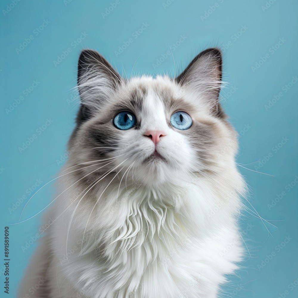 Blue eyed Ragdoll Cat looking at camera tilting head. Portrait on blue background with copy space Blue eyed Ragdoll Cat looking at camera tilting head. Portrait on blue background with copy space