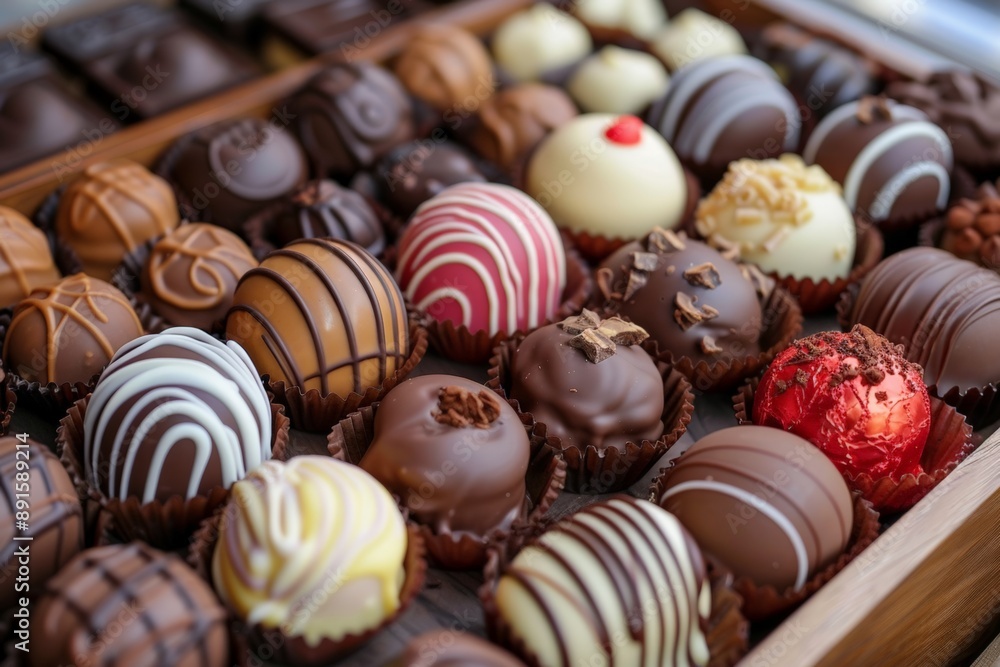 Close-up of assorted gourmet chocolates in a display case, showcasing a variety of shapes and designs. Close-up of assorted gourmet chocolates in a display case, showcasing a variety of shapes and designs.