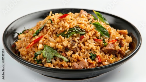 stir fried fried fish with basil and chili in thai style topped on rice. Generative Ai