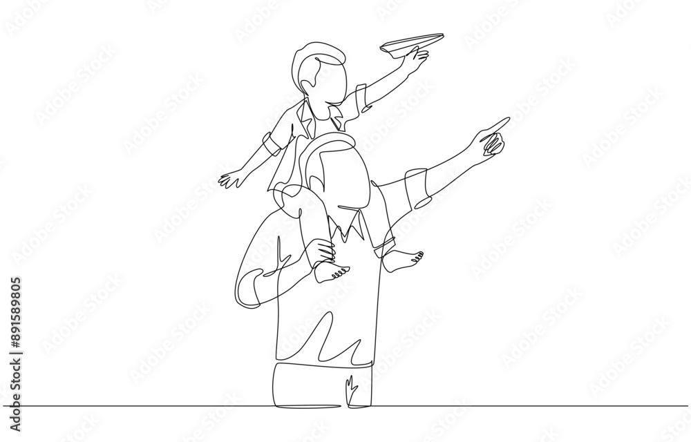 Continuous one line drawing of son riding father's neck playing paper airplane, happy father and son concept, single line art. Continuous one line drawing of son riding father's neck playing paper airplane, happy father and son concept, single line art.