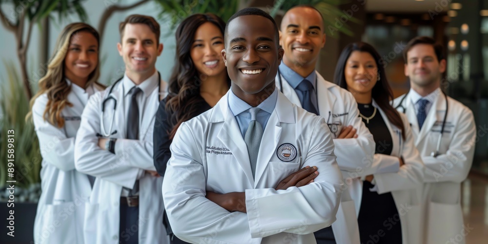 Group of professional doctors posing confidently in a modern hospital, perfect for healthcare advertisements.
Group of professional doctors posing confidently in a modern hospital, perfect for healthcare advertisements.
