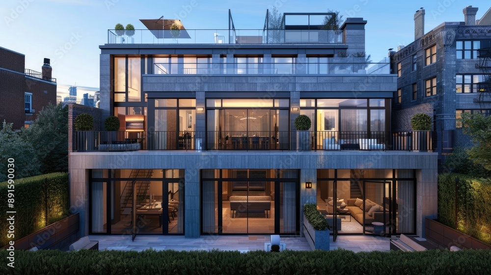 A sophisticated urban townhouse with a sleek modern facade A sophisticated urban townhouse with a sleek modern facade