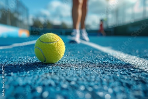 Tennis ball on the court with player approaching in the background.