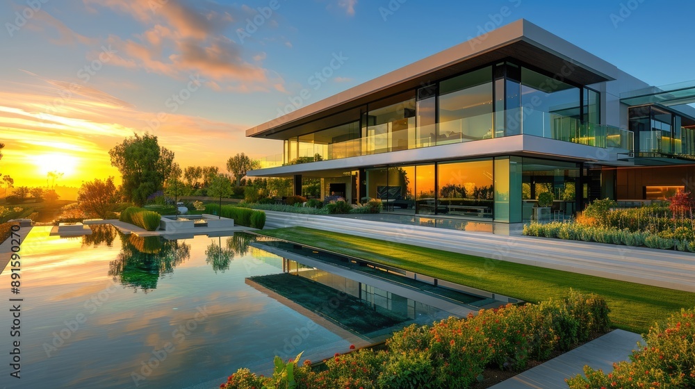 A sprawling modern mansion with sleek glass windows reflecting the setting sun A sprawling modern mansion with sleek glass windows reflecting the setting sun