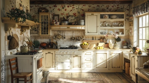 Charming French Country Kitchen with Antique Furniture and Floral Prints