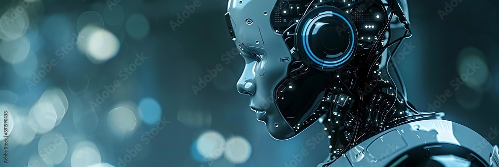 3D Illustration of a Futuristic Robot Head with Blue Lights 3D Illustration of a Futuristic Robot Head with Blue Lights