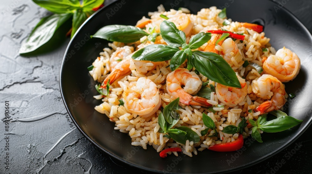 Fried rice with shrimp ,green Mussels and squid with thai holy basil .Top view Fried rice with shrimp ,green Mussels and squid with thai holy basil .Top view