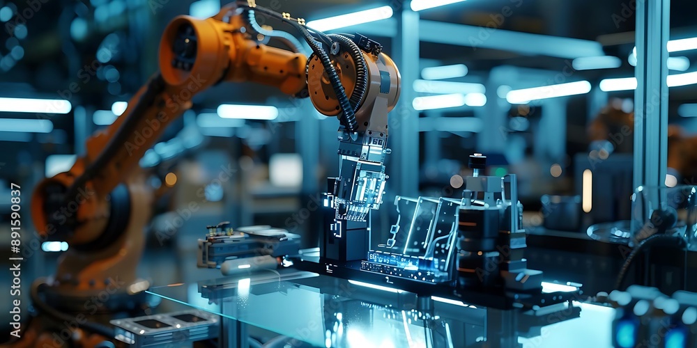 Industrial Robot Arm in a Manufacturing Facility - 3D Illustration Industrial Robot Arm in a Manufacturing Facility - 3D Illustration