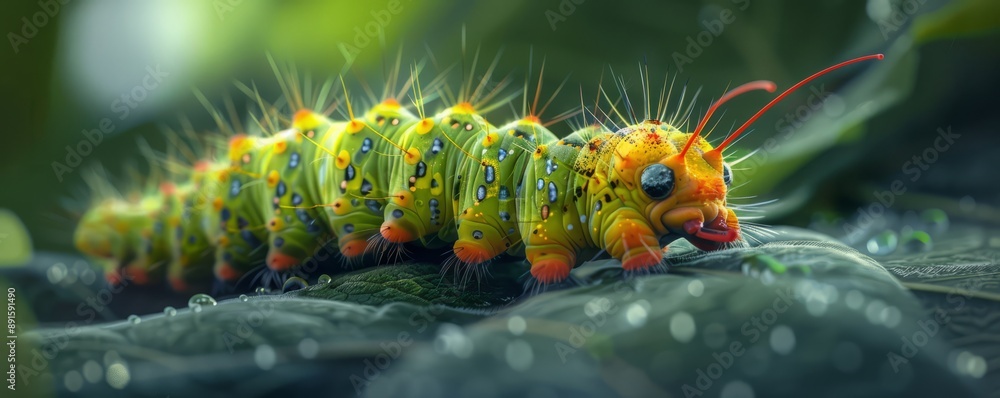 A close-up of a caterpillar crawling on a leaf. A close-up of a caterpillar crawling on a leaf.