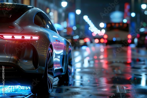 Night City Wet Asphalt Black Sports Car 3D Render