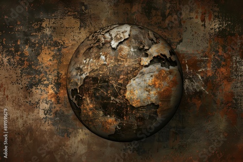 Artistic illustration of a rusty globe with textured background.