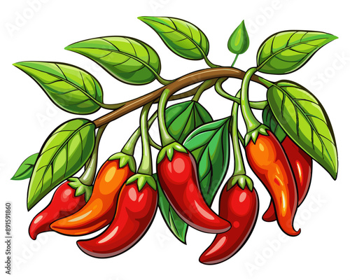  illustration Vector of fresh chilies pepper on a branch with leaves, isolated white background, hand drawn vegetabes and fruit cartoon photo