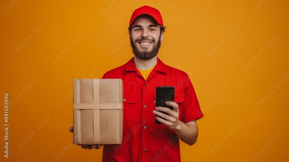 Professional Delivery Service Man Holding Parcel and Mobile Phone Professional Delivery Service Man Holding Parcel and Mobile Phone