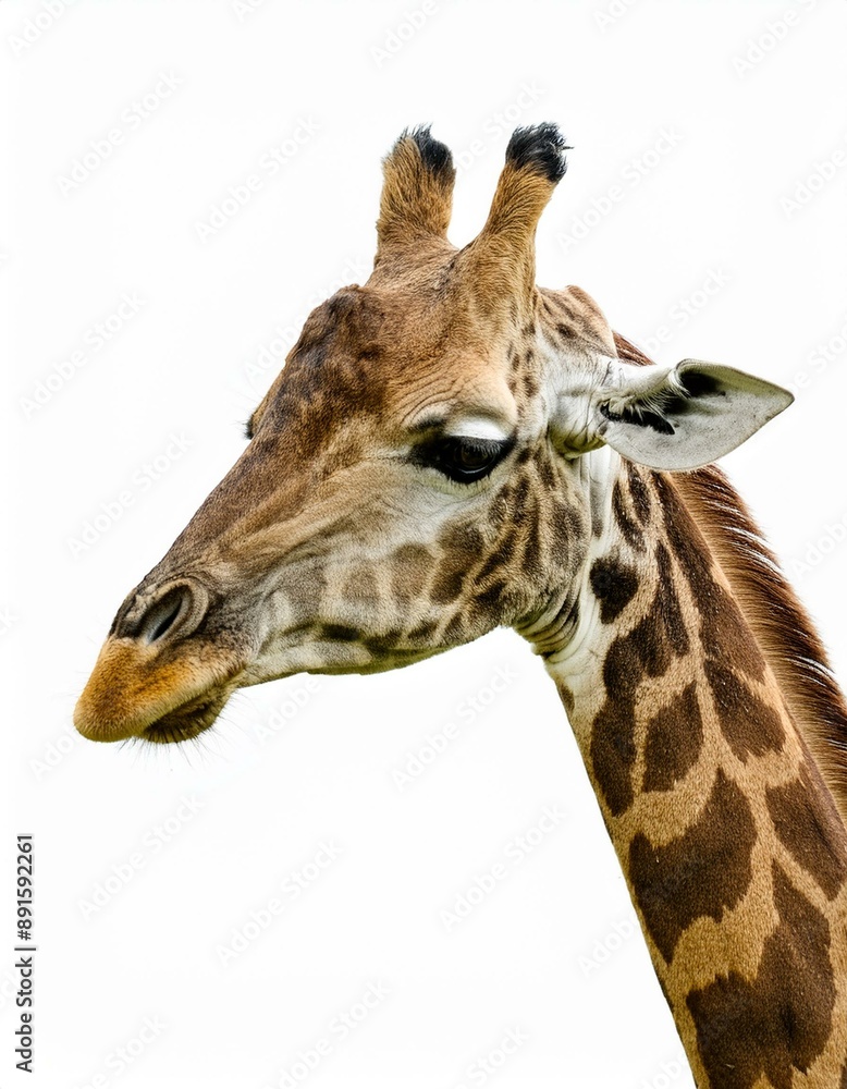 Obraz premium Seitenansichtfoto einer Giraffe, isoliert auf transparentem Hintergrund.