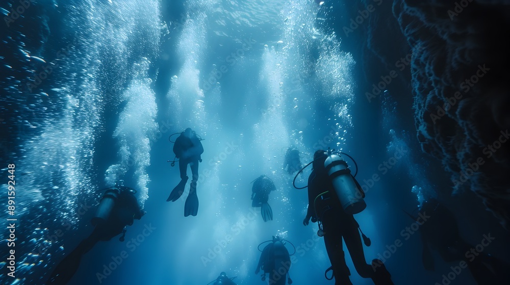 Defocused View of Divers Descending into the Mysterious Depths of the Ocean Defocused View of Divers Descending into the Mysterious Depths of the Ocean